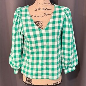 a new day Green and White Gingham V-Neck Puff Sleeve Blouse
